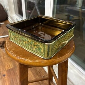 Pyrex Amber Glass Square Baker with Green and Yellow Decorative Sides